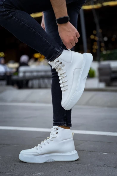 BA0321 Gizli Bağcıklı Erkek Yüksek Taban Beyaz Spor Bot - Resim 4