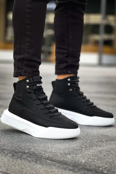BA0321 Gizli Bağcıklı Erkek Yüksek Taban Siyah Beyaz Spor Bot - Resim 2