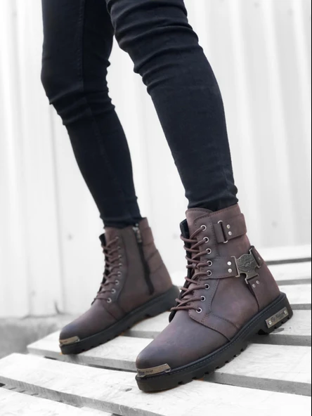 BA0080 Gladyatör Fermuarlı Tokalı Kahverengi Erkek Klasik Spor Klasik Yarım Bilek Bot - 2