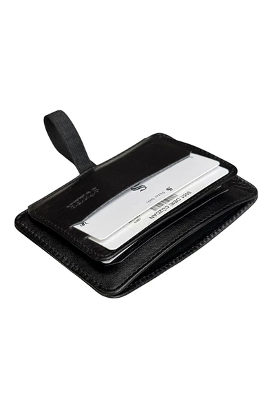 Siyah Hakiki Deri Lastikli İkiye Katlanır Düz Model Mini Kredi Kartlık - 3051-Siyah - Resim 4