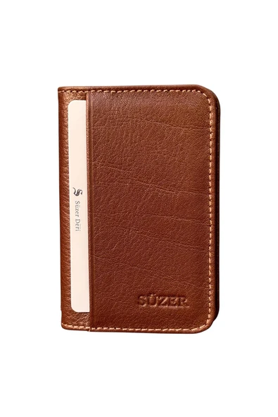 Taba Hakiki Deri Mini Boy İkiye Katlanır Düz Model Kredi Kartlık - 3044-Taba ürün görseli