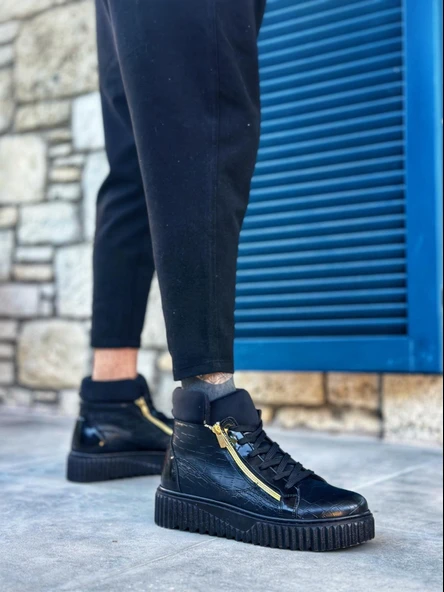 SNR-512 BOA Kalın Yüksek Siyah Taban Çift Fermuarlı Siyah Erkek Spor Bot - Resim 2