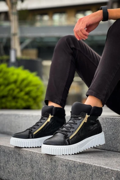 SNR-512 BOA Kalın Yüksek Taban Çift Fermuarlı Siyah Erkek Spor Bot - Resim 2