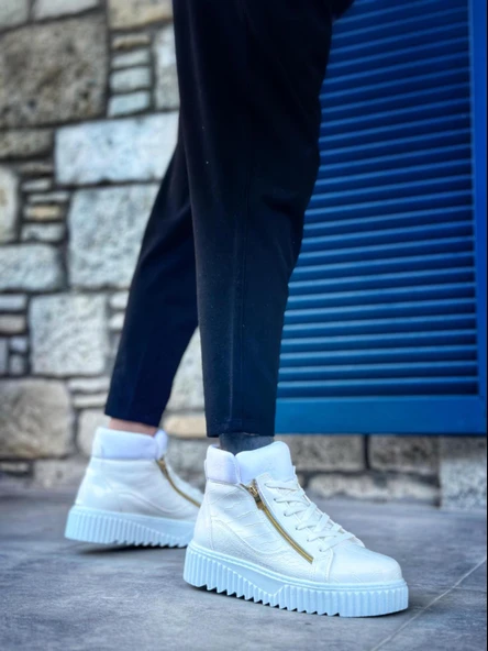 SNR-512 BOA Kalın Yüksek Taban Çift Fermuarlı Beyaz Erkek Spor Bot - Resim 2