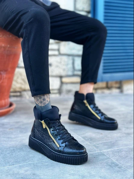 SNR-512 BOA Kalın Yüksek Siyah Taban Çift Fermuarlı Siyah Erkek Spor Bot - Resim 3