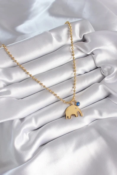 pilelistore 316L Çelik Gold Renk Top Zincir Model Fil Figür Nazar Boncuk Detay Kadın Kolye - TJ-BKO8342 - Resim 2