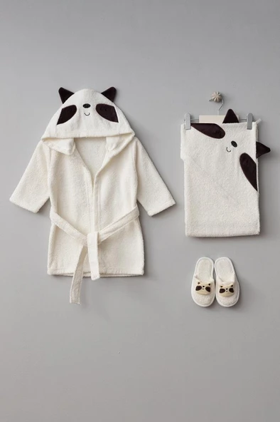 Bebitof %100 Pamuk Rakun Desenli Kutulu Bebek Bornoz Seti BBTF.EKR.30048