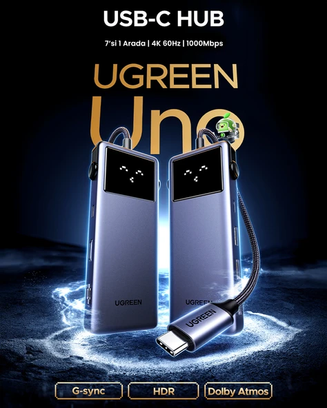 UGREEN 7-in-1 Type-C Giriş 1xUSb-C 100W PD, 1x4K/60Hz HDMI, 1xUSB-A 3.0, RJ45, SD, TF Port Çoklayıcı Hub, 45155