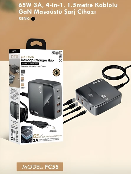 65W GAN 3A 4 Portlu 1,5 Metre Uzatma Kablolu USB + Type-C Çoklayıcı Masaüstü Şarj Cihazı - Resim 7