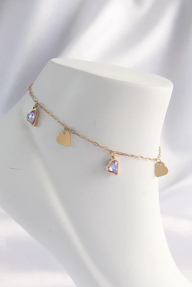 pilelistore 316L Çelik Gold Renk Minimal Renkli Zirkon Taşlı Kalp Halhal - TJ-HH1613