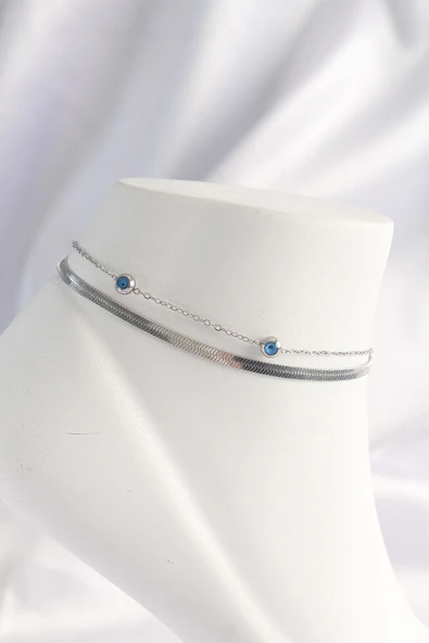 pilelistore 316L Çelik Gümüş Renk Nazar Boncuk Tasarımlı 2li Halhal - TJ-HH1608