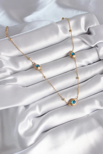 pilelistore 316L Çelik Gold Renk Nazar Boncuk Model Kadın Kolye - TJ-BKO8340 - Resim 2