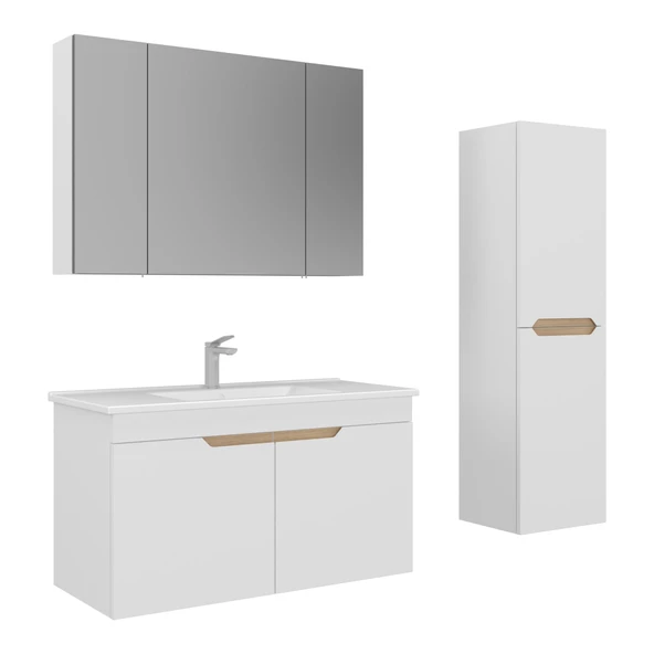 Orka Lena 100 cm Mat Beyaz Kapaklı Banyo Dolabı Takımı ve Boy Dolabı ürün görseli