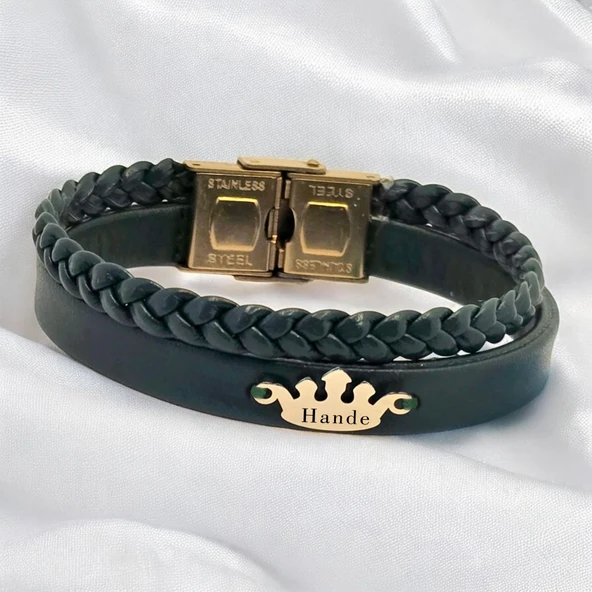 14 Ayar Altın Plakalı İsme Özel Taç Motifli Hakiki Koyu Yeşil Derili Hediye Bileklik-641 ürün görseli