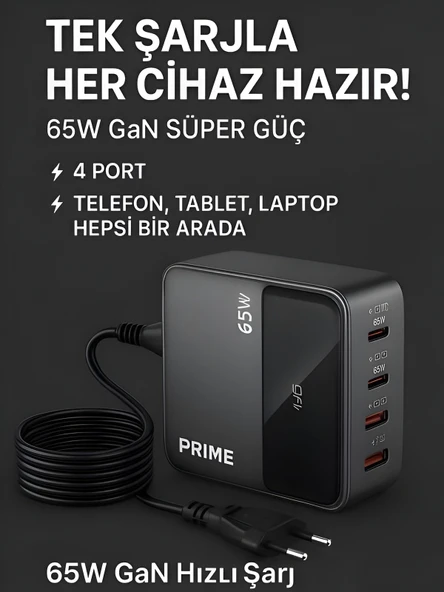 65W GAN 3A 4 Portlu 1,5 Metre Uzatma Kablolu USB + Type-C Çoklayıcı Masaüstü Şarj Cihazı - Resim 2