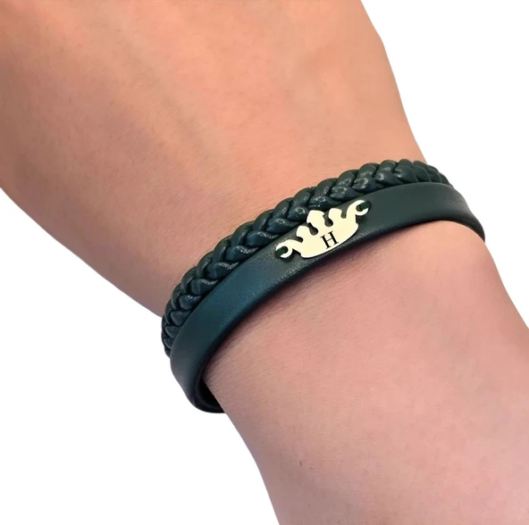 14 Ayar Altın Plakalı Harfe Özel Hakiki Koyu Yeşil Derili Taç Motifli Hediye Bileklik-641 - Resim 3