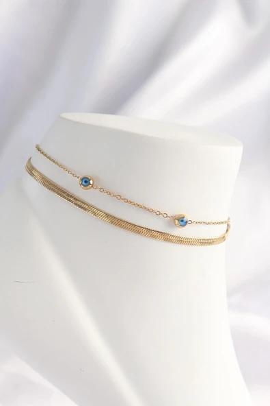 pilelistore 316L Çelik Gold Renk Nazar Boncuk Tasarımlı 2li Halhal - TJ-HH1607