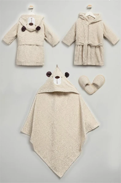 Bebitof %100 Pamuk Sevimli Ayı Desenli Pamuk Bebek Bornoz Seti Kutulu BBTF.KRM.30030