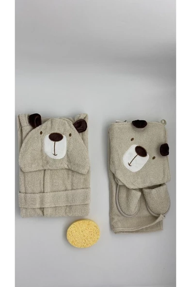 Bebitof %100 Pamuk Sevimli Ayı Desenli Pamuk Bebek Bornoz Seti Kutulu BBTF.KRM.30030 - 5