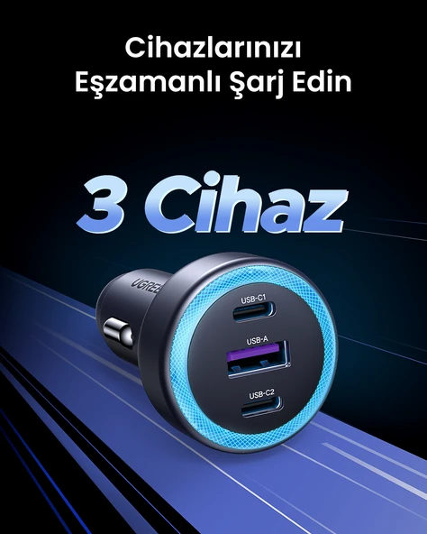 UGREEN 30W 3 Portlu Araç İçi Şarj Cihazı Çakmaklık Adaptörü, 45843 - Resim 4