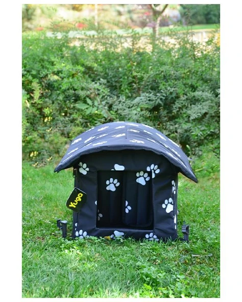 Yuga Pati Desenli Siyah Kedi Evi Isı ve Yağmur Korumalı