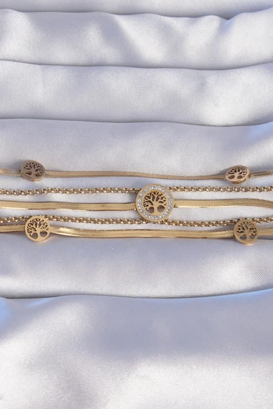 pilelistore 316L Çelik Gold Renk İtalyan Zincir Detaylı Zirkon Taşlı Yaşam Ağacı Tasarımlı Çoklu Bileklik - TJ-BB6205 - 2