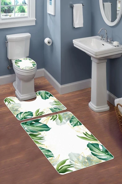 Modern Desenli Dijital Baskı 3’lü Banyo Paspas Takımı Yıkanabilir Kaymaz Tabanlı Klozet Takımı KLZ0028 RENKLİ 60 X 90 - Resim 2