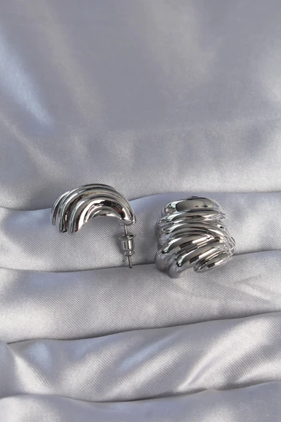 pilelistore Pirinç Gümüş Renk Tırtıklı Bombe Model Küpe - TJ-BKP9088 - 2