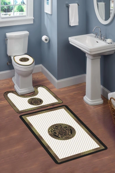 Modern Desenli 3'lü Banyo Paspas Takımı – Yıkanabilir Kaymaz Tabanlı Klozet Takımı KLZ0048 RENKLİ 60 X 90 - 2