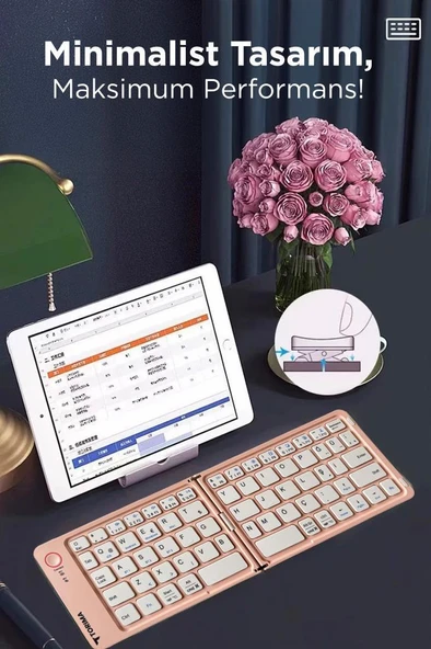Torima TK-08 Pembe Kablosuz Katlanabilir Şarjlı Taşınabilir Mini Bluetooth Klavye - Resim 3
