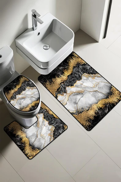 Modern Desenli 3'lü Banyo Paspas Takımı – Yıkanabilir Kaymaz Tabanlı Klozet Takımı KLZ0007 RENKLİ 60 X 90 - 1