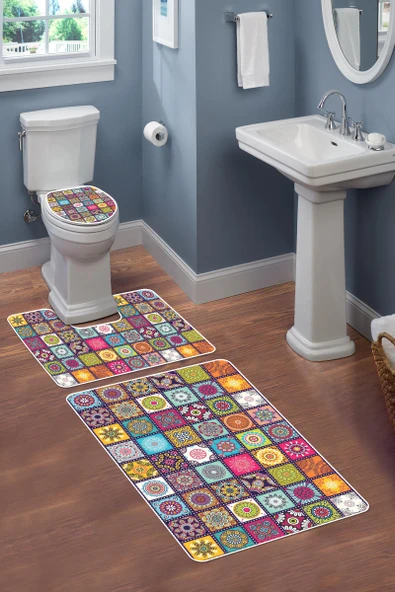 Modern Desenli 3'lü Banyo Paspas Takımı – Yıkanabilir Kaymaz Tabanlı Klozet Takımı KLZ0015 RENKLİ 60 X 90 - 2