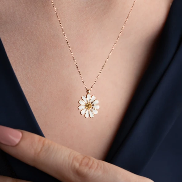 Vaoov 925 Ayar Gümüş Beyaz Papatya Kolye - Resim 2