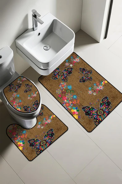 Modern Desenli 3'lü Banyo Paspas Takımı – Yıkanabilir Kaymaz Tabanlı Klozet Takımı KLZ0010 RENKLİ 60 X 90 - 1