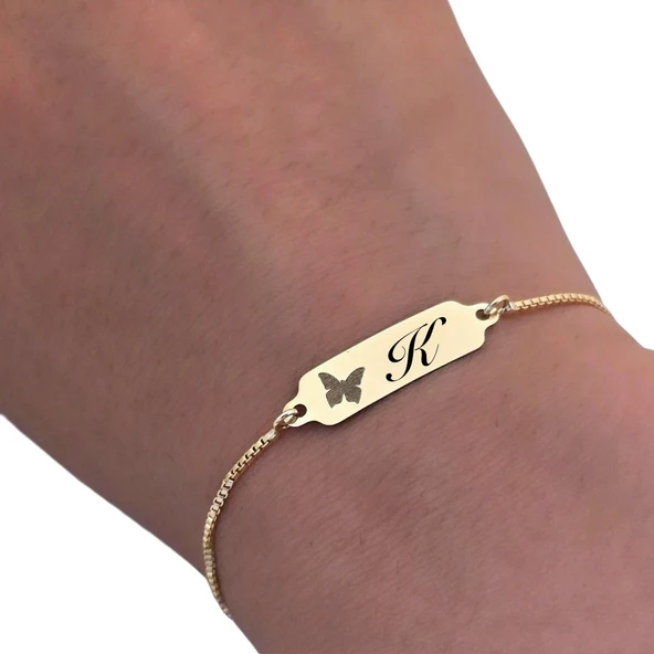 14 Ayar Altın Plakalı Harfe Özel Altın Renkli Zincirli Kelebek Motifli Hediye Bileklik-643 - Resim 3