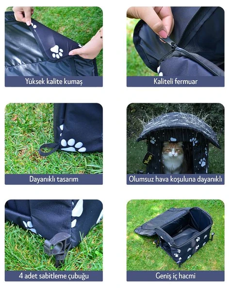 Yuga Pati Desenli Siyah Kedi Evi Isı ve Yağmur Korumalı - 7