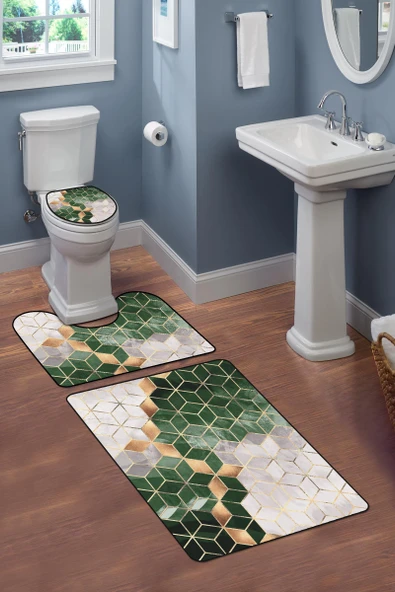 Modern Desenli 3'lü Banyo Paspas Takımı – Yıkanabilir Kaymaz Tabanlı Klozet Takımı KLZ0013 RENKLİ 60 X 90 - 2