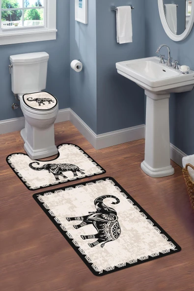 Modern Desenli 3'lü Banyo Paspas Takımı – Yıkanabilir Kaymaz Tabanlı Klozet Takımı KLZ0030 RENKLİ 60 X 90 - 2