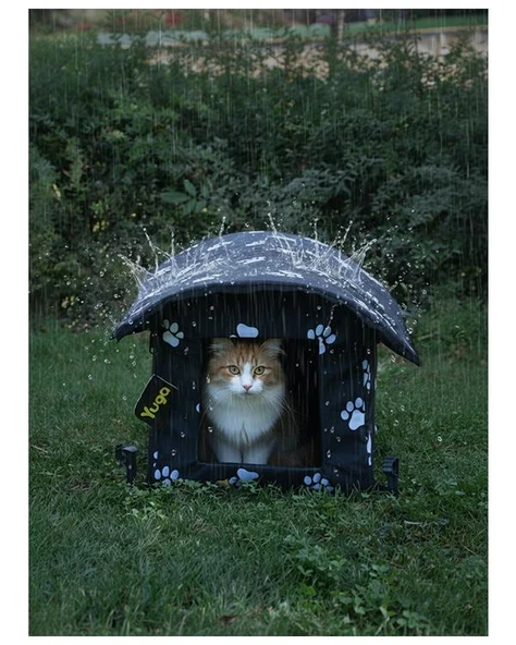 Yuga Pati Desenli Siyah Kedi Evi Isı ve Yağmur Korumalı - 5