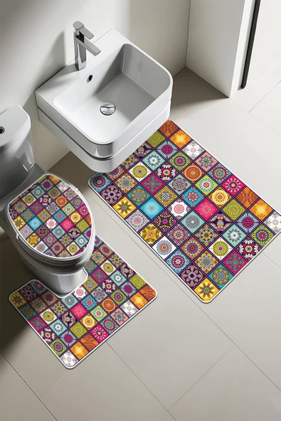 Modern Desenli 3'lü Banyo Paspas Takımı – Yıkanabilir Kaymaz Tabanlı Klozet Takımı KLZ0015 RENKLİ 60 X 90 - 1