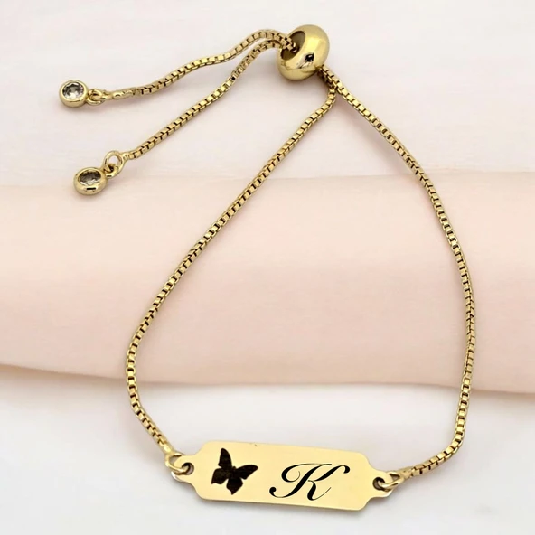 14 Ayar Altın Plakalı Harfe Özel Altın Renkli Zincirli Kelebek Motifli Hediye Bileklik-643 ürün görseli