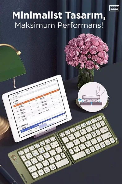 Torima TK-08 Yeşil Kablosuz Katlanabilir Şarjlı Taşınabilir Mini Bluetooth Klavye - Resim 3