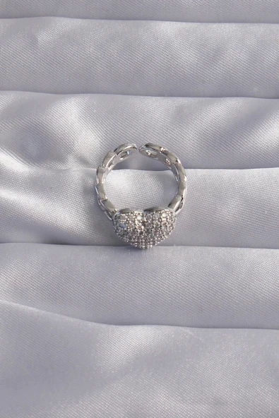 pilelistore Pirinç Ayarlamalı Gümüş Renk Zirkon Taşlı Bombeli Kalp Yüzük - TJ-BYK3282 - 2