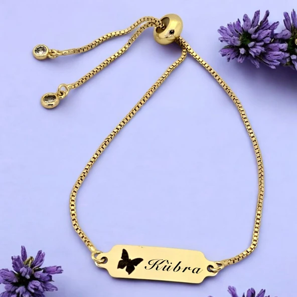 14 Ayar Altın Plakalı İsme Özel Kelebek Motifli Altın Renkli Zincirli Hediye Bileklik-643 ürün görseli