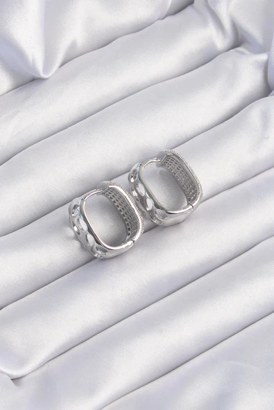 pilelistore Pirinç Gümüş Renk Zirkon Taşlı Minimal Halka Küpe - TJ-BKP9201 - 2