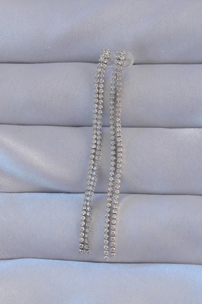 pilelistore Pirinç Gümüş Renk Zirkon Taşlı Su Yolu Model Küpe - TJ-BKP9146