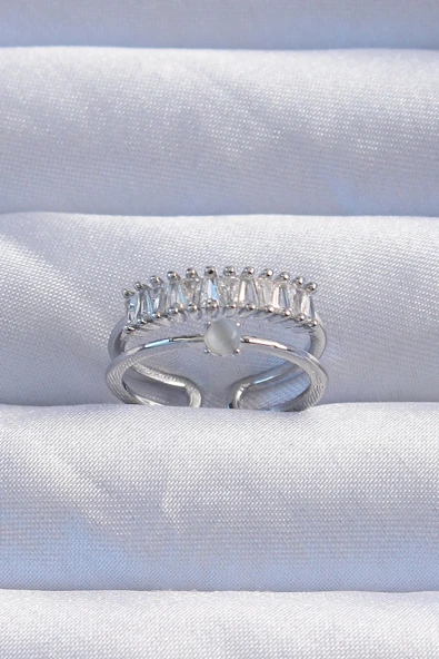 pilelistore Pirinç Gümüş Renk Sedefli Zirkon Taşlı Su Yolu Model 2li Görünüm Ayarlanabilir Yüzük - TJ-BYK3254