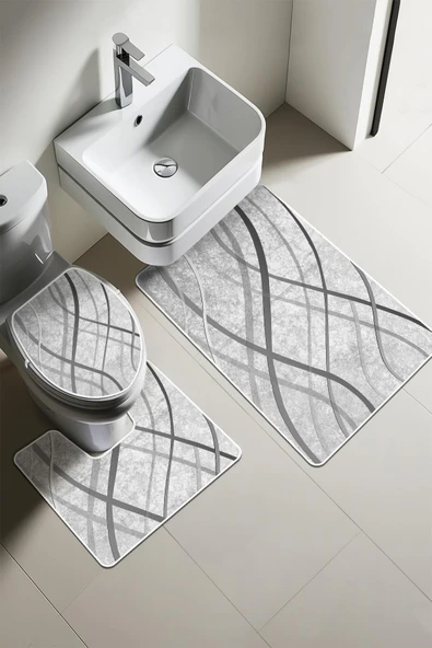 Modern Desenli 3'lü Banyo Paspas Takımı – Yıkanabilir Kaymaz Tabanlı Klozet Takımı KLZ0004 RENKLİ 60 X 90 - 1