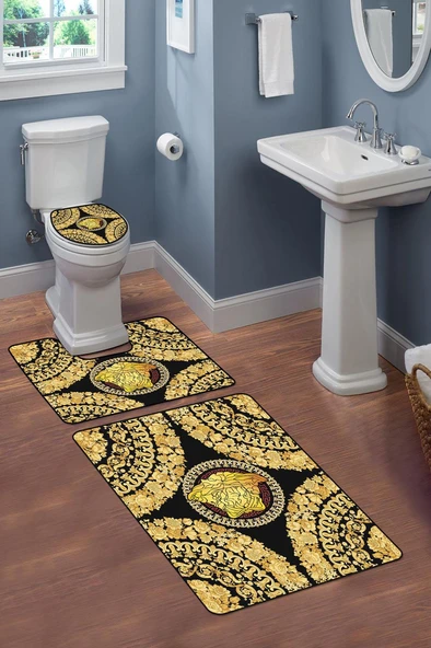 Modern Desenli Dijital Baskı 3’lü Banyo Paspas Takımı Yıkanabilir Kaymaz Tabanlı Klozet Takımı KLZ0041 RENKLİ 60 X 90 - Resim 2