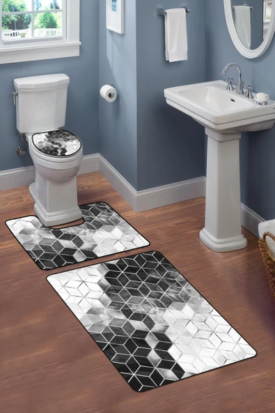 Modern Desenli 3'lü Banyo Paspas Takımı – Yıkanabilir Kaymaz Tabanlı Klozet Takımı KLZ0002 RENKLİ 60 X 90 - 2